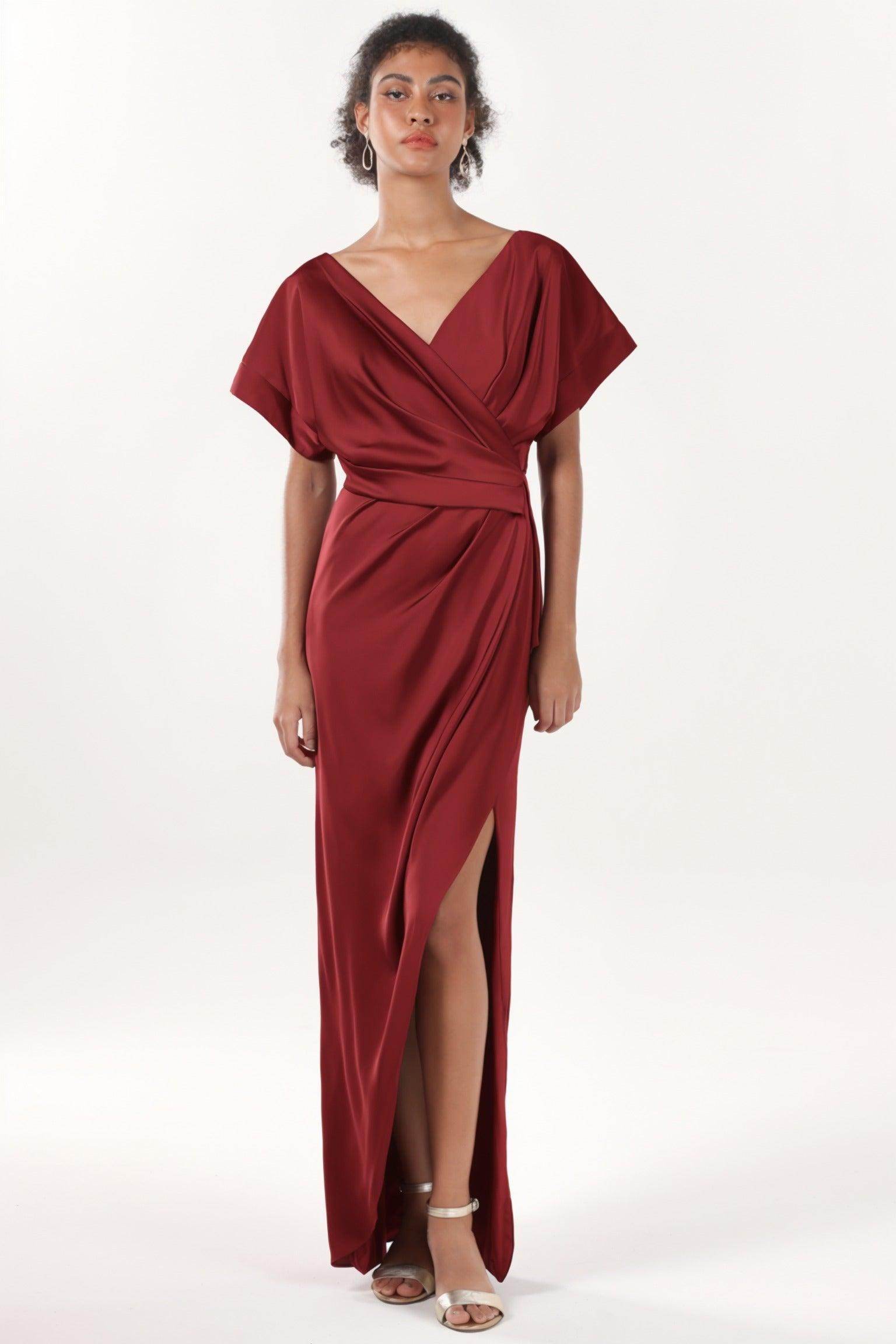 Sheath-Column Maxi Luxe Satin Bridesmaid Dress CS0601BM - COCOMELODY